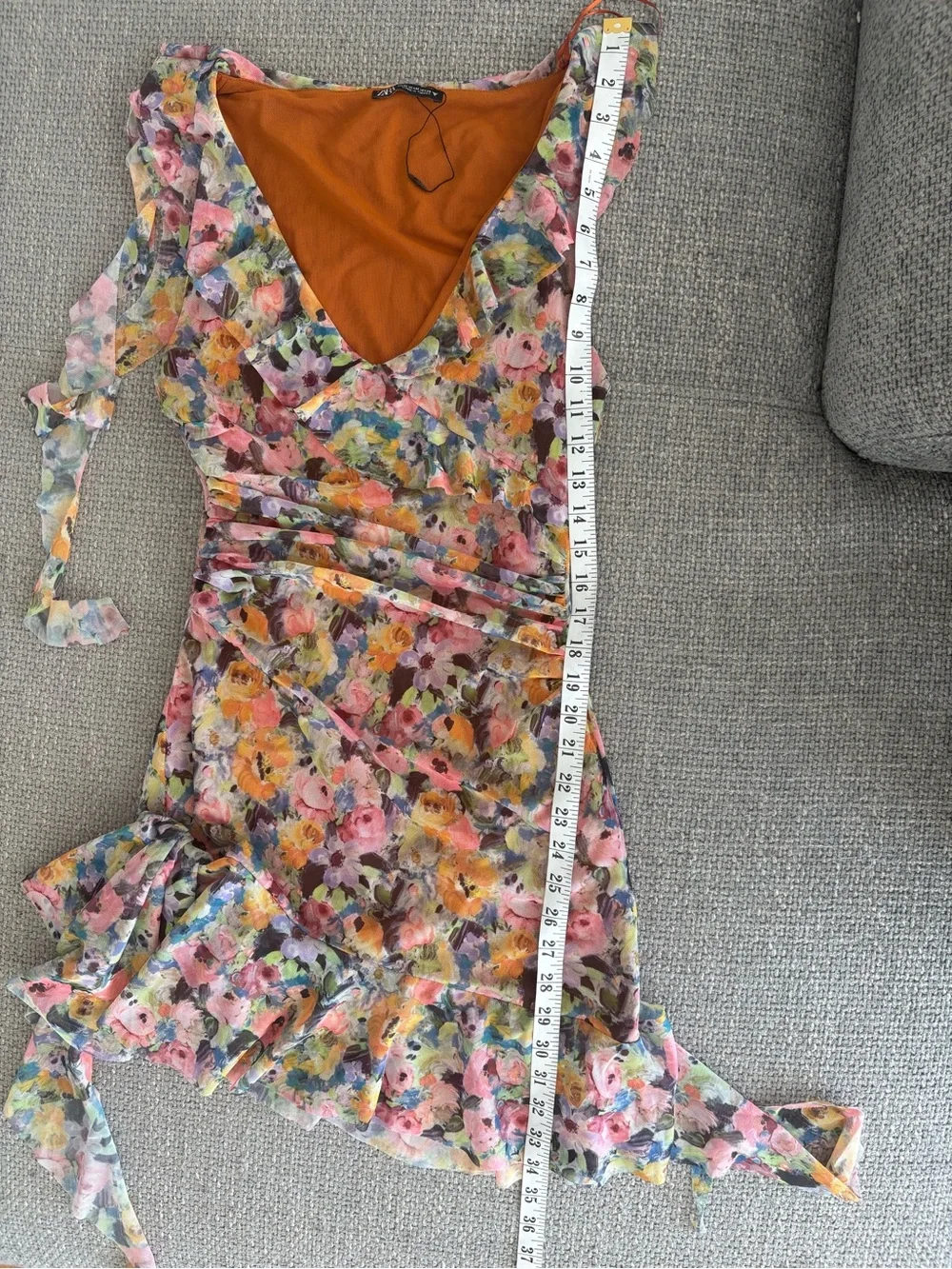 Zara Floral Ruched Asymmetrical Mini Dress Size Medium - Picture 9 of 9